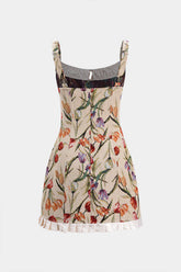 Satin Jacquard Pleated Patchwork Zipper Tie Front Slip Mini Dress